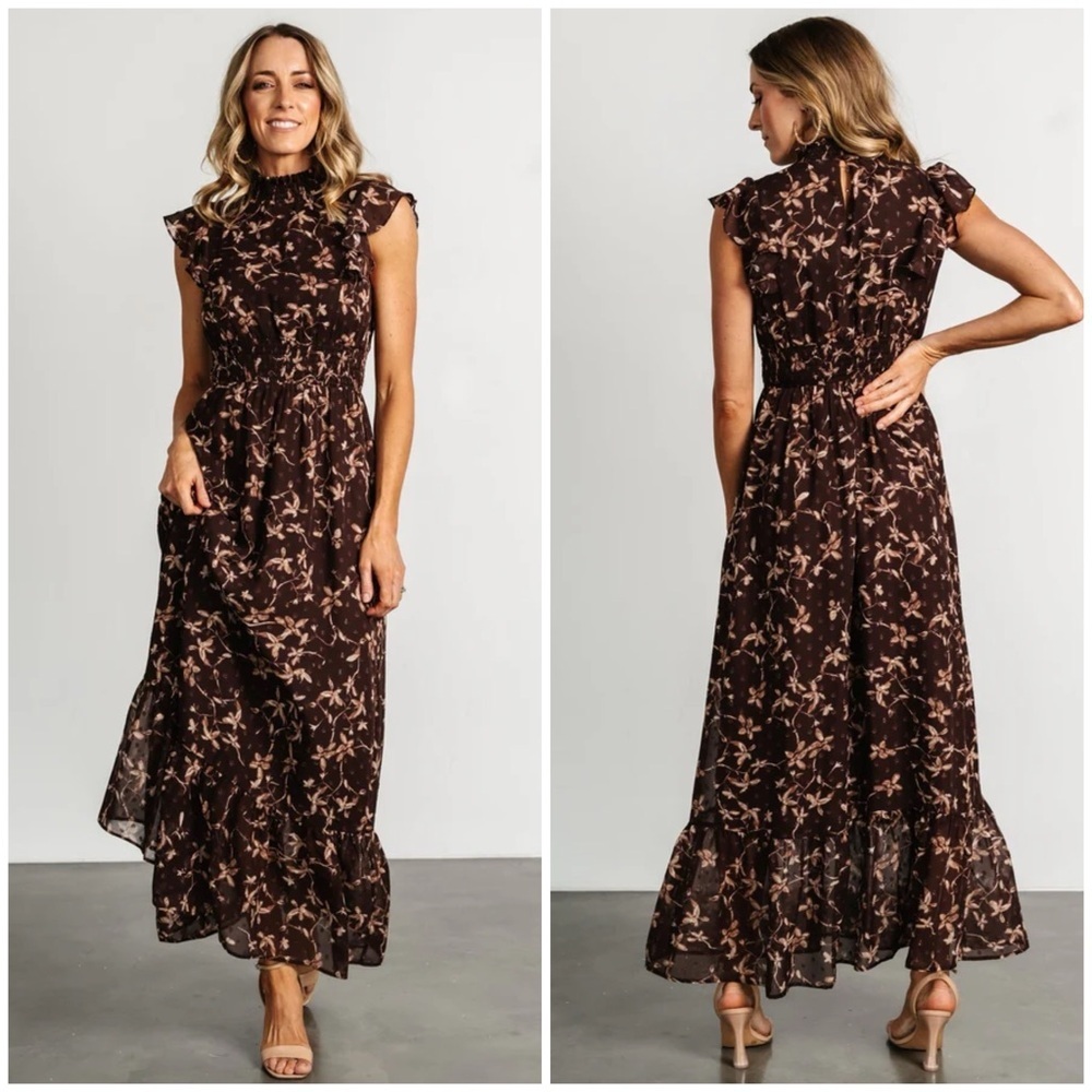 Baltic Born Kearny Ruffle Maxi Dress in Dark Floral Brown Size 1X NWT